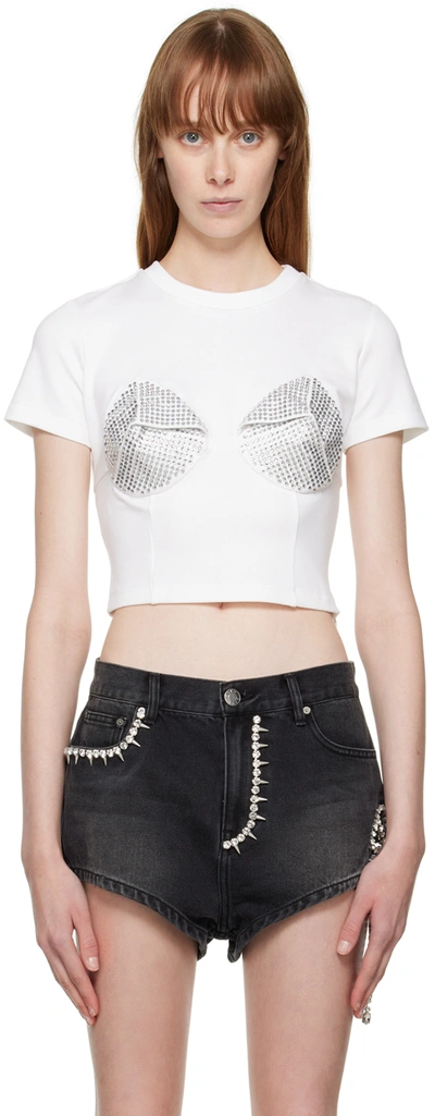 Area Embellished Cup Detail Cropped T-shirt - Women's - Rayon/nylon/spandex/elastane In White