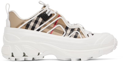 Burberry White & Beige Check Arthur Sneakers In Brown