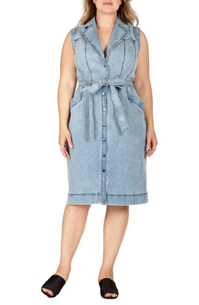 S And P Sleeveless Tie Waist Denim Dress In Bluestone