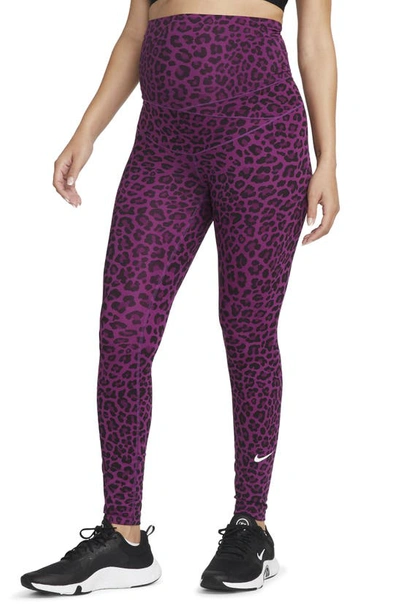 Nike High Waisted Leopard Print Maternity Leggings In Viotech/ White