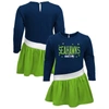 OUTERSTUFF GIRLS INFANT COLLEGE NAVY/NEON GREEN SEATTLE SEAHAWKS HEART TO HEART JERSEY TRI-BLEND DRESS