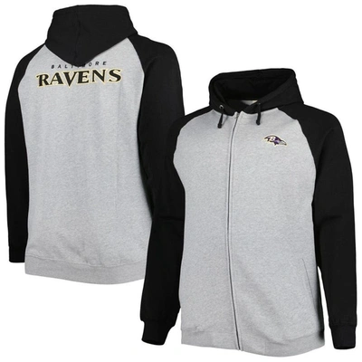 PROFILE HEATHER GRAY BALTIMORE RAVENS BIG & TALL FLEECE RAGLAN FULL-ZIP HOODIE JACKET