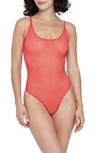 Skarlett Blue Mischief Fishnet Mesh Scoop-neck Thong Bodysuit In Watermelon