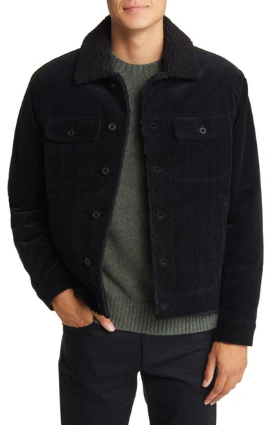 Vince Fleece Lined Corduroy Trucker Jacket In Washed Black