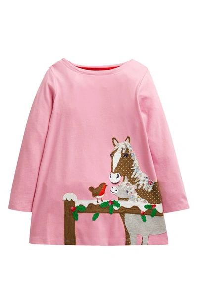 Mini Boden Kids' Animal Appliqué Cotton Tunic Top In Formica Pink Horses