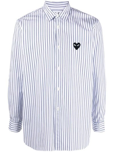 Comme Des Garçons Play Pinstripe Heart-embroidery Shirt In Blue