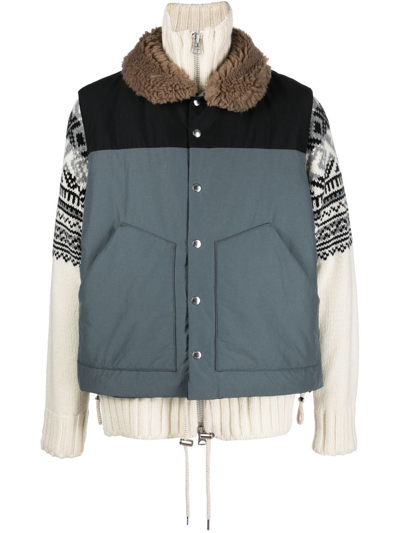 Sacai Padded Shearling-collar Jacket In Grey