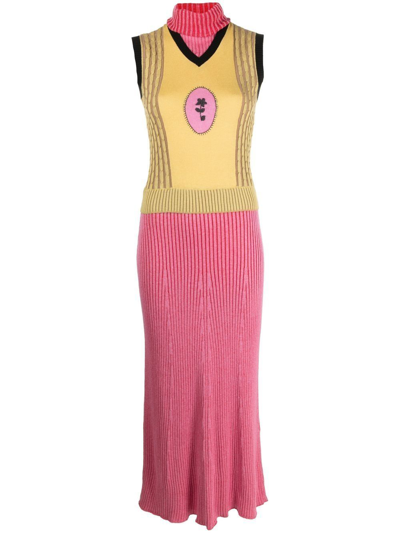 Cormio Wang Layered Ribbed-knit Midi Dress In Pink
