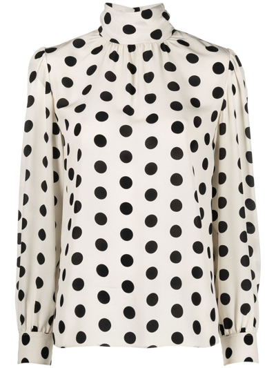 Saint Laurent Polka-dot Silk Crêpe De Chine Blouse In Craie Noir
