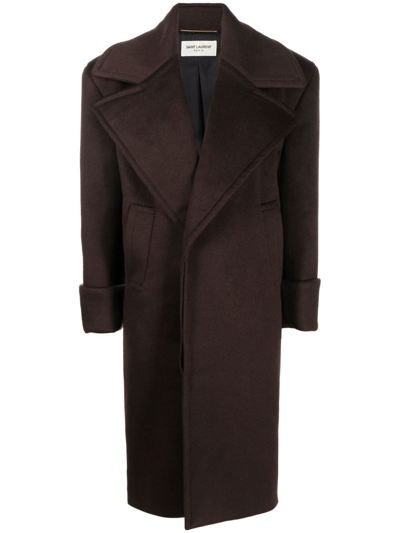 Saint Laurent Double-breasted Tailored Coat In Marron Fonce