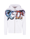 GCDS MAN WHITE ZIPPED HOODIE WITH MULTICOLORED GCDS MAXI GRAPHIC PRINT