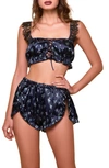 HAUTY HAUTY PRINT SATIN BRALETTE & PANTIES TAP SHORTS SET