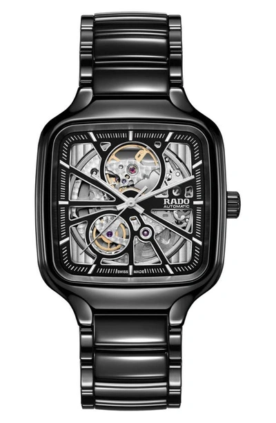 Rado True Square Automatic Open Heart Ceramic Bracelet Watch, 38mm In Black
