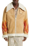 Palm Angels Burning Flame Print Genuine Shearling Jacket In Sand Red