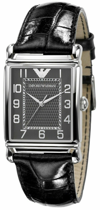 Pre-owned Emporio Armani Ar0423 Men Rectangle Steel Watch Black Leather Strap Black Dial