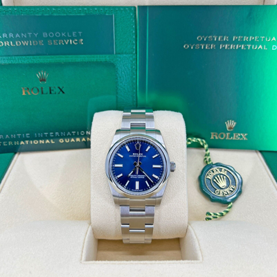 Pre-owned Rolex Oyster Perpetual 34 Mm Bright Blue 124200 Unworn Complete 2022