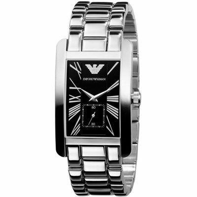 Pre-owned Emporio Armani Ar0156 Men Women Rectangle Watch Silver Steel Bracelet Black Dial