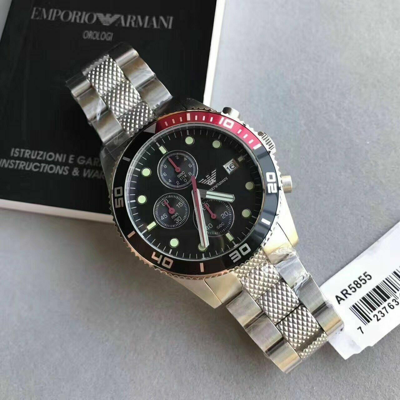 Pre-owned Emporio Armani Ar5855 Men Round Chrono Watch Silver Steel Bracelet Black Dial