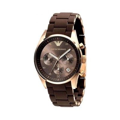 Pre-owned Emporio Armani Ar5891 Round Gold Watch Brown Silicone Steel Bracelet Brown Dial