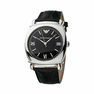 Pre-owned Emporio Armani Ar0263 Men Lady Round Steel Watch Black Leather Strap Black Dial