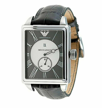 Pre-owned Emporio Armani Ar4206 Men Rectangle Meccanico Watch Black Leather Black Dial