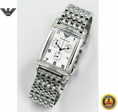 Pre-owned Emporio Armani Ar0294 Men Rectangle Chronograph Watch Steel Bracelet Silver Dial