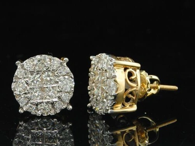 Pre-owned Jfl Diamonds & Timepieces Ladies 14k Yellow Gold Princess Cut Halo Set Diamond Studs Earrings 1.50 Ct. In White