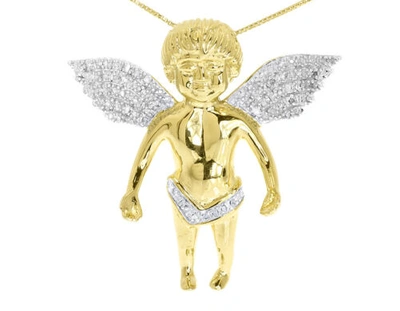 Pre-owned Jewelry Unlimited Yellow Gold Plated Round Pave Diamond 3d Angel Cherub 1.5" Pendant Charm 0.75ct In H-i