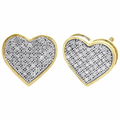 Pre-owned Jfl Diamonds & Timepieces 10k Yellow Gold Genuine Pave Diamond Heart Studs Ladies 11mm Earrings 0.25 Ct. In White