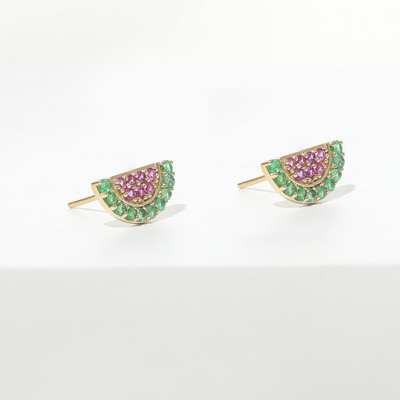 Pre-owned Irisha Designs 14k Gold Genuine Emerald And Pink Sapphire Melon Studs In Yellow