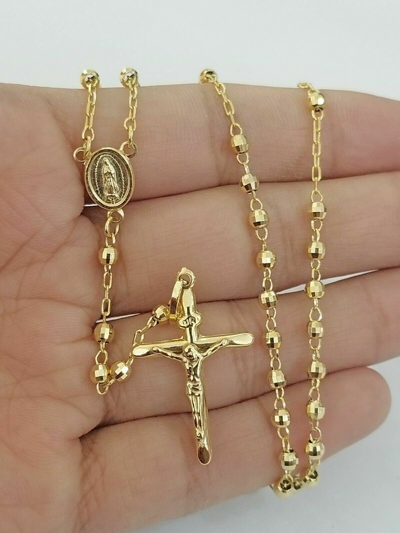 Pre-owned My Elite Jeweler Real 14kt Yellow Gold Rosary Necklace Ladies 24" Virgin Mary Jesus Cross Chain