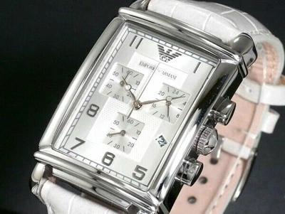 Pre-owned Emporio Armani Ar0295 Men Women Rectangle Chrono Watch White Leather Silver Dial