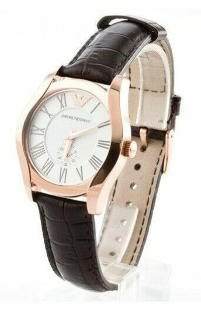 Pre-owned Emporio Armani Ar0689 Women Round Rose Gold Steel Watch Brown Leather White Dial
