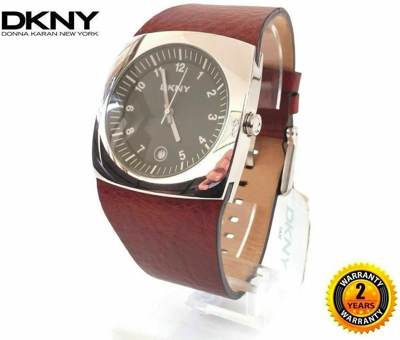 Pre-owned Dkny Ny1155 Men's Women Square Steel Watch Brown Leather Round Olive Green Dial