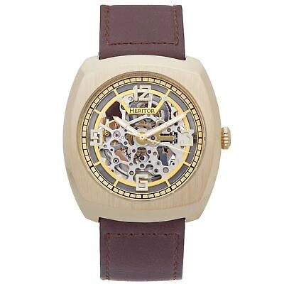 Pre-owned Heritor Automatic Gatling Skeletonized Leather-band Watch - Gold/brown