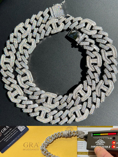 Pre-owned Harlembling Vvs Moissanite Solid 925 Silver Mens 15mm Figarucci Gucci Link Prong Cuban Chain In White/colorless