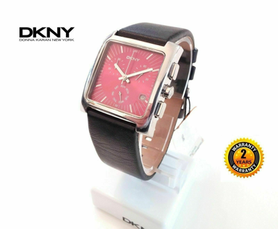 Pre-owned Dkny Ny1088 Men's Women's Square Steel Watch Black Leather Wine Red Dial + Date