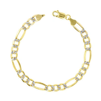 Pre-owned Nuragold 10k Yellow Gold Mens 7mm Diamond Cut White Pave Italian Figaro Chain Bracelet 9"