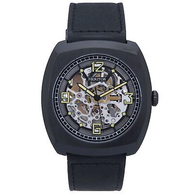 Pre-owned Heritor Automatic Gatling Skeletonized Leather-band Watch - Black