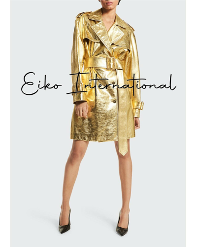 Pre-owned International Women Genuine Cowhide Trench Coat Metallic Gold Real Leather Long Jacket