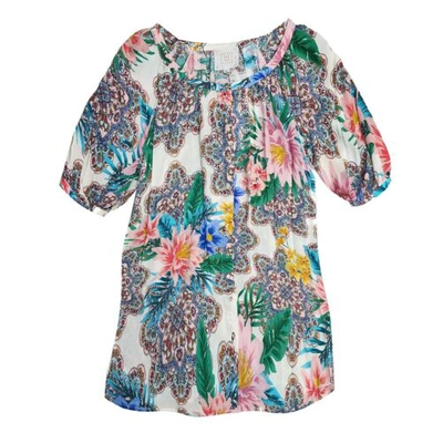 Pre-owned Johnny Was Women Bryony Half Sleeve Peasant Print Rayon Mini Dress Multi Color In Multicolor