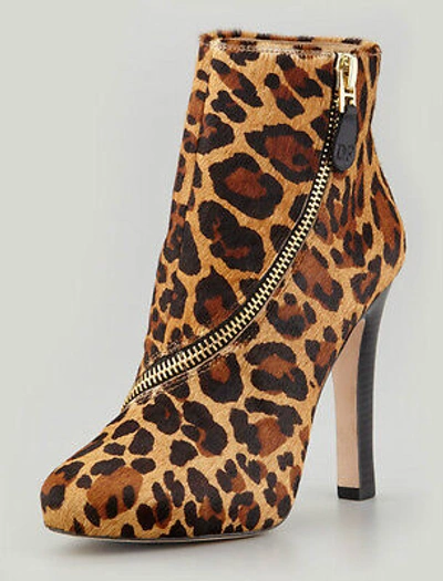 Pre-owned Diane Von Furstenberg Animal Cady Camel Leopard Calf Fur Zip Trim Ankle Boot In Brown