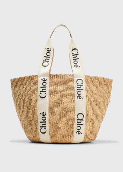 CHLOÉ WOODY LARGE MIFUKO BASKET BAG IN FAIR TRADE PAPER EMBELLISHED WITH LINEN