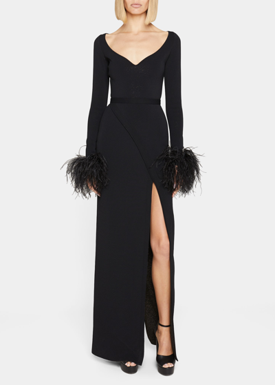Elie Saab Feather-cuff Knit Dress In Black