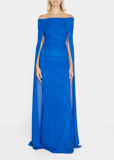 Talbot Runhof Off-the-shoulder Cape Gown In 426 Blue