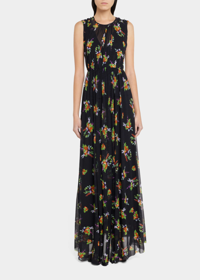 Fuzzi Sleeveless Floral-print Tulle Maxi Dress In Negro