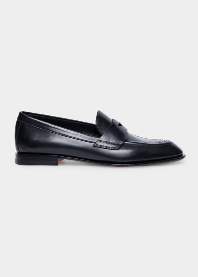 Santoni Famed Leather Penny Loafers In Black