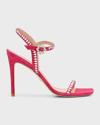 Stuart Weitzman Gemcut Crystal Suede Stiletto Sandals In Azalea