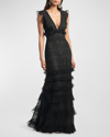 SACHIN & BABI SERAFINA RUFFLE-TRIM DEEP V NECK LACE GOWN