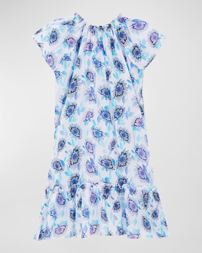 Vilebrequin Kids' Girls' Flash Floral Print Organic Cotton Dress In Purple/blue